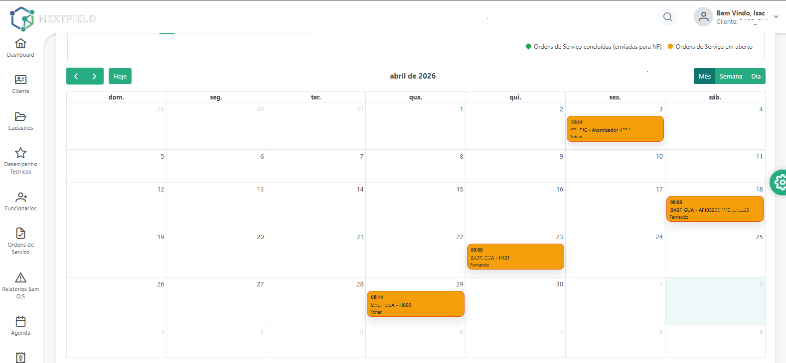 Tela web da agenda de serviços do sistema NextField