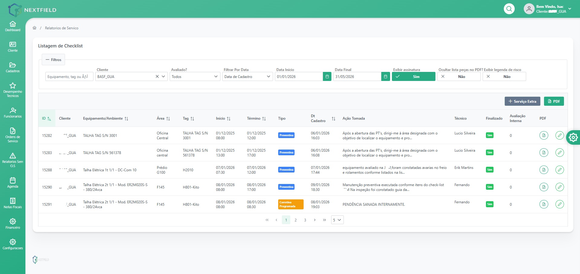 Tela da NextField com listagem de relatórios preventivos e corretivos